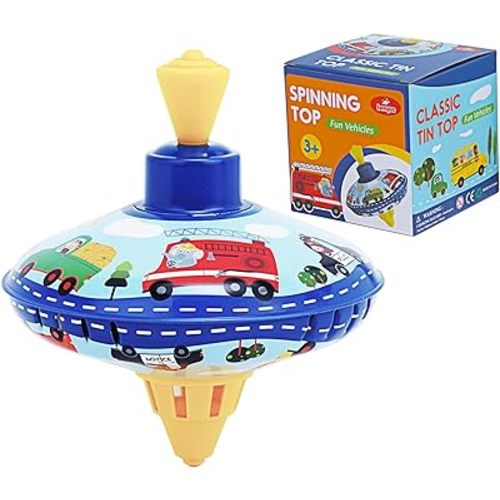 Retro Spinning Top Tin Toy for Kids – Fun Vehicle Classic Toys - Toddler Traditional Spin Tops - Metal Fidget Spinner for Kindergarten – Sensory Gyroscope - Novelty Gifts Party Favors