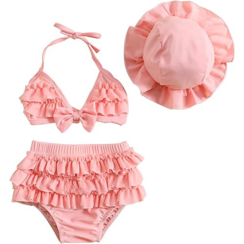 Yccutest Infant Baby Girl Flower Swimsuit 3Pcs Halter Triangle Tops Ruffle Bottoms Sun Hat Bikini Set Bathing Suit Swimwear