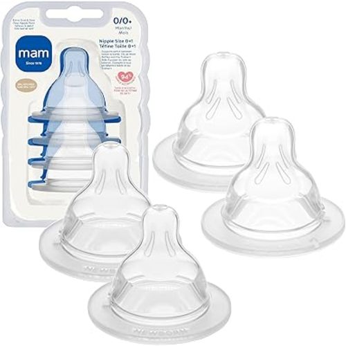 MAM Baby Bottle Anti-Colic Nipple Mixed Flow Pack, Extra Slow Size 0 & Slow Flow Size 1 for Newborns 0+, Skin Soft BPA Free Silicone, 94% Nipple Acceptance, Fits All MAM Bottles, 4 Pack
