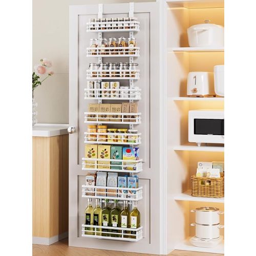 Delamu 9 Tier Over The Door Pantry Organizer, Pantry Organization and Storage, Hanging Spice Rack for Pantry Door Organizer, Metal Pantry Door Shelves for Kitchen Bathroom Laundry Room,15.3" White