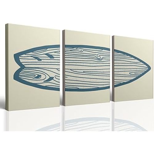 Framed Surfboard Poster Wall Art 3 Pieces Blue Watercolor Line Surfboard Canvas Painting Prints Wall Decor Sea and Surf Pictures for Beach House Living Room Bedroom Decor 12x16 inch Wrapped Canvas