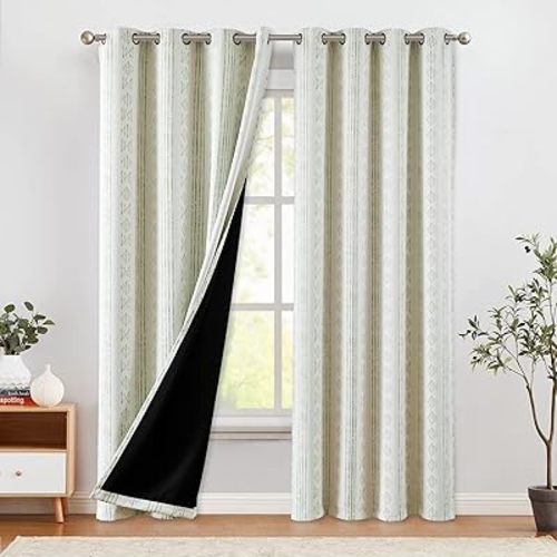 COLLACT 100% Boho Blackout Curtains for Bedroom 84 Inch Length Sage Green on Beige Geometric Stripe Patterned Curtains for Living Room Thermal Insulated Room Darkening Grommet Window Drapes 2 Panels
