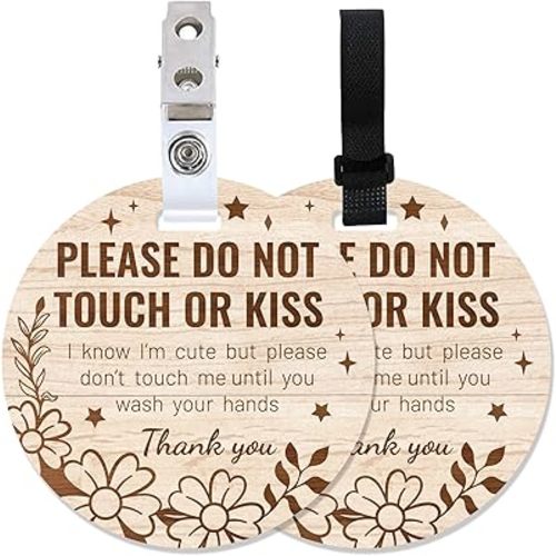 PLIGREAT 2 Pack Wood Please Do Not Touch or Kiss Baby Sign for Newborn, Stop Touching Baby Car Seat Signs No Kissing Baby Reminder Signage for Baby Boy Girl with Hanging Strap and Clip (Flower, Star)