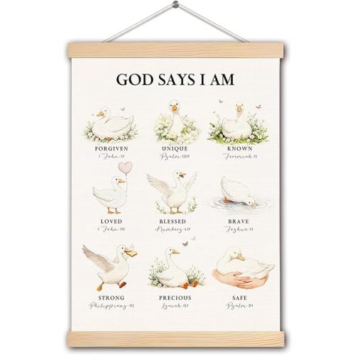 TAZSWDMM Christian Goose Nursery Poster Wall Art Framed, God Says I Am Bible Verse Inspirational Goose Canvas Prints Wall Decor for Baby Girl Nursery Kids Bedroom Playroom, 12x16 Inch