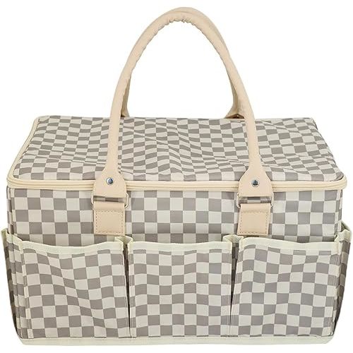 Luxury Baby Diaper Caddy Organizer with Lid- Stylish Checkered Nursery Basket, Large Portable Storage for Car, Picnic, Parent- Loved, Mom- Approved Nursery Organizer - Premium Handles- Cream Gray