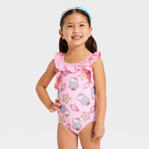 Toddler Girls' Hello Kitty Seashell Printed Ruffle One Piece Swimsuit - Pink 2T