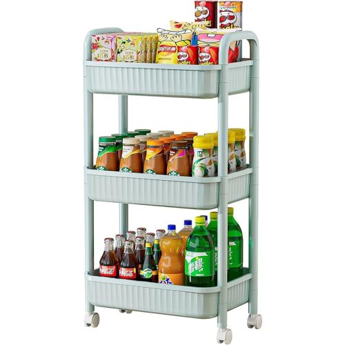 3 Tier Rolling Cart with Handle and Lockable Universal Casters, Wheeled Laundry Carts, Easy Assemble Utility Trolley, Multi-Use Storage Cart for School, Office, Living Room, Kitchen, Sky Blue