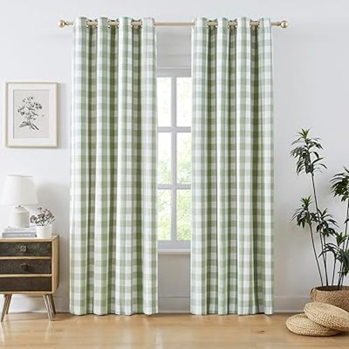 Amzdecor Sage Green White Buffalo Plaid Full Blackout Curtains 84 Inch for Bedroom Living Room Farmhouse Check Patterned Drapes Thermal Insulated Soundproof Grommet Window Treatment, 2 Panels, 52"x84"