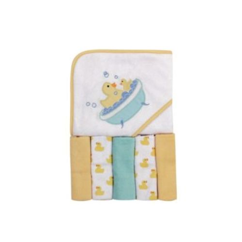 Baby Girls and Boys Bath time Duck Hooded Towel with 5 Washcloths, Pack of 6