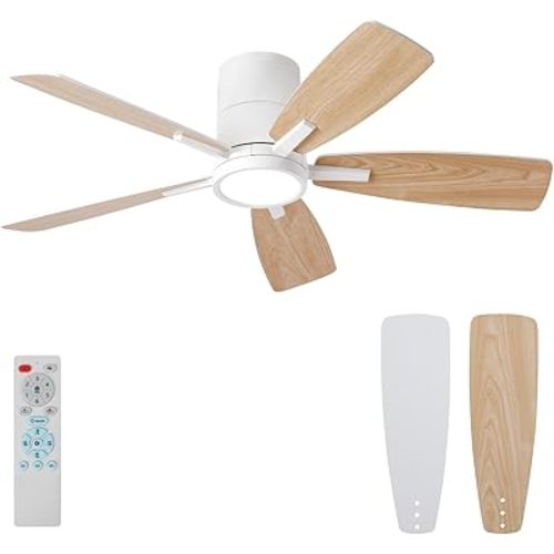 TALOYA 42 inch Ceiling Fans with Lights Remote Control, Modern Low Profile Ceiling Fan with Ultra Quiet Reversible DC Motor,Flush Mount Ceiling Fan for Bedroom Living Room White