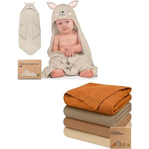 KeaBabies Baby Hooded Towel and 4-Pack Muslin Swaddle Blankets for Baby Boys, Girls - Baby Towel, Toddler Towels, Hooded Towels for Baby - Baby Blankets, Newborn Receiving Blanket