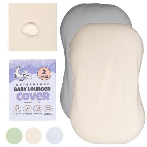 100% Waterproof Baby Lounger Cover - 2-Ply Organic Cotton Slipcovers Keep Your Lounger Clean & Your Baby Comfy - Machine Washable - (Lounger Not Included) - 2-Pack Includes Gray & Off-White