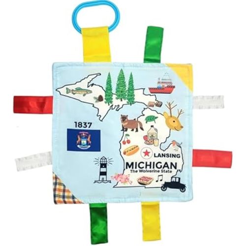 Baby Jack & Co 8x8” Learning Lovey Michigan State Tag Stroller Toy for Babies - Crinkle Toys for Developing Five Senses - Learn About Capitals - Travel with Baby Jack - BPA Free Clip