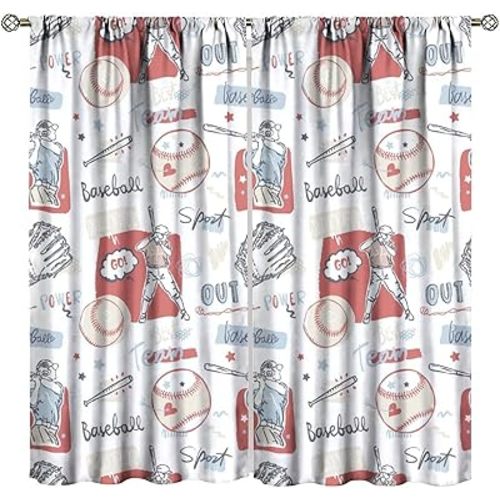 Cartoon Baseball Curtains for Kids Boys, Baseball Glove Sports Ball Game Football Print Rod Pocket Window Treatments for Teens Bedding Living Room 42x63in (No Blackout)