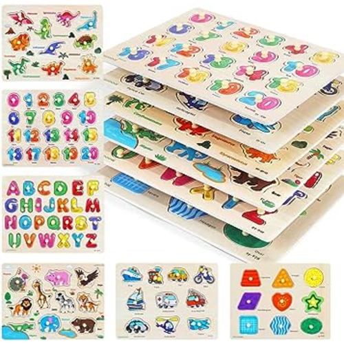 GRINNNIE Wooden Peg Puzzle for Toddlers, 6 Pack Toddler Puzzles Set for 3 4 5 Years Old (Alphabet Number Shape Animal Dinosaur Vehicle), Preschool Education Learning Puzzle Toys for Girls and Boys