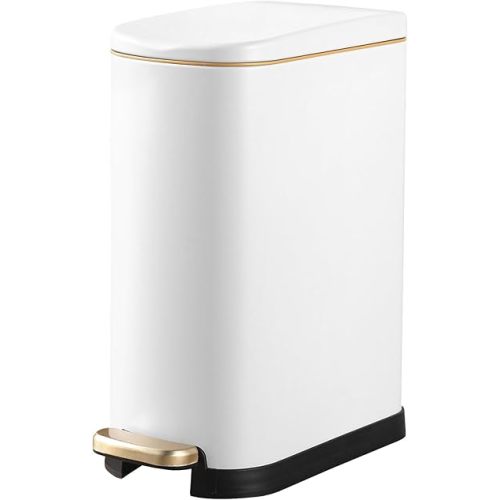 Bathroom Trash Can with Soft-Close Lid 3.5 Gallon Stainless Steel Garbage Can with Removable Inner Bucket Slim Trash Bins for Bedroom, Office(Matte White)