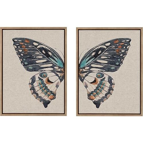 Kate and Laurel Sylvie Boho Butterfly Watercolor Diptych Neutral Linen Framed Canvas Wall Art Set by The Creative Bunch Studio, 2 Piece 18x24 Gold, Soft Animal Art for Wall