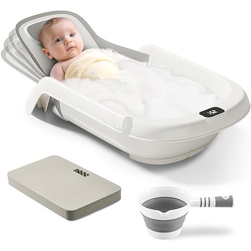 Baby Bathtub,5-in-1 Reclining Baby Bathtub,Baby Bath Tub with Real-Time Thermometer, Adjustable Recline for Custom Comfort for Newborn to Toddler- Ages 9 to 36 Months,Portable Newborn Travel Bath tub