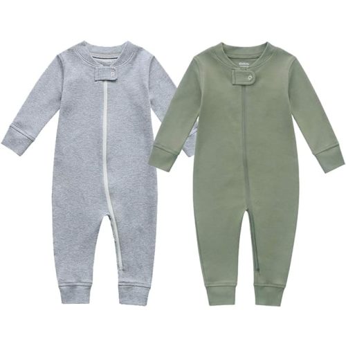 Owlivia Organic Cotton Baby Boy Girl Zip up Sleep N Play, Footless, Long Sleeve - 0-3 Months - Dark Grey Melange & Olive Green