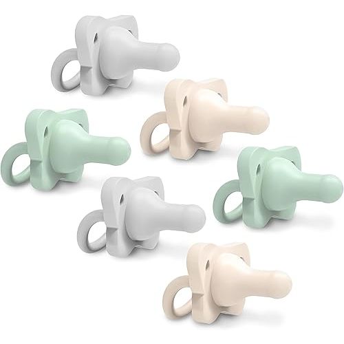 Dr. Brown's HappyPaci 100% Silicone Baby Pacifier, Contoured One-Piece Design, Green, Cool Gray, Ecru, 0-6m, BPA-Free, 6 Pack