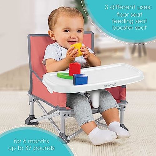 Summer by Bright Starts Pop 'N Sit Portable Booster Chair, Floor Seat, Indoor/Outdoor Use, Compact Fold, Coral, 6 Mos - 3 Yrs
