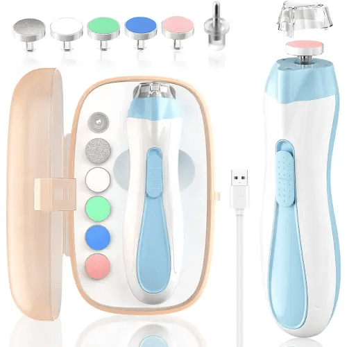 Baby Nail File Electric Baby Nail Care Set with LED Light, Baby Nail Clipper Electric for Newborn/Infants/Adults Toenails and Fingernails, 7 Grinding Head Replacement Pads, Blue