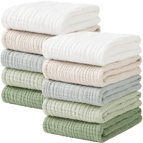 Konssy 10-Pack Muslin Baby Burp Cloths Sets for Baby Girls and Boys, 100% Cotton Soft & Absorbent Burp Rags for Newborn & Infant