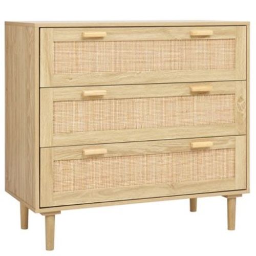 Finnhomy 3 Drawer Dresser For Bedroom 35.43¡± Wide Wooden Bedroom Dressers With Drawers, Rattan Dresser, 3 Drawers