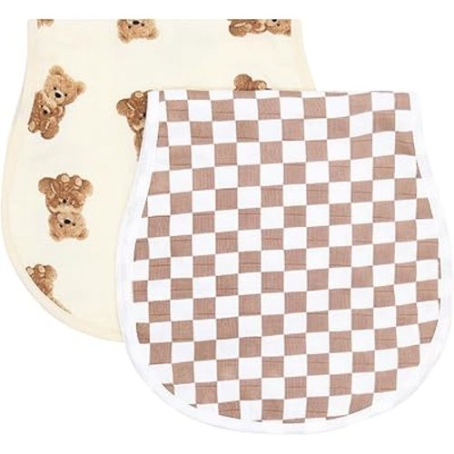 LifeTree Muslin Baby Burp Cloths - 2 Pack 70% Viscose from Bamboo and 30% Cotton Large 22'' by 10'' Absorbent Milk Spit Up Rags - Burping Cloths for Newborn, Girls Boys, Bear and Checkered
