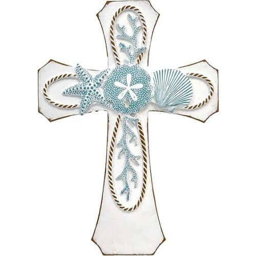 AMAJY Coastal Nautical Spiritual Wall Cross with Starfish, Coral, and Sea Shell Design, Beach House Décor, White Resin Religious Wall Art, Decorative Gift for Ocean Lovers and Coastal-Themed Homes