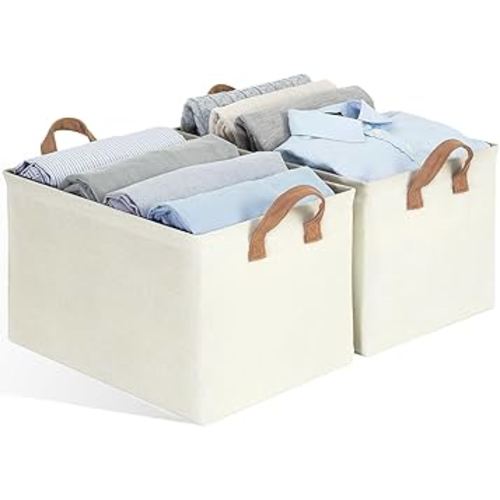 FLYBOX Collapsible Storage Bins for Shelves,Fabric Folding Storage Baskets with Handles,Extra Large Rectangle Closet Storage Bin Organizer for Organizing Clothes,Beige,2 Packs