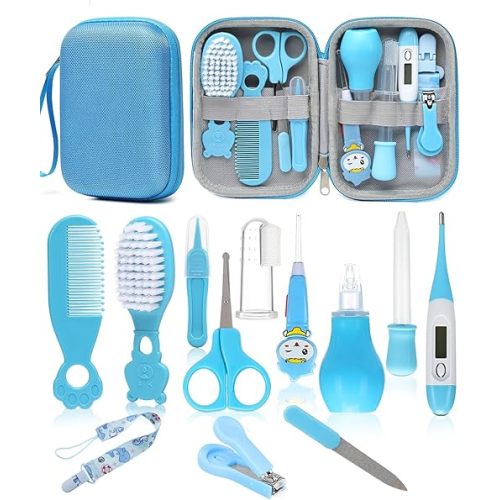 Baby Healthcare and Grooming Kit, Safety Newborn Nursery Baby Care Kit, with Hair Brush Comb, Nail Clipper, Thermometer, Pacifier Clip, Baby Registry Search, Newborn Essentials Girls Boys (Blue)