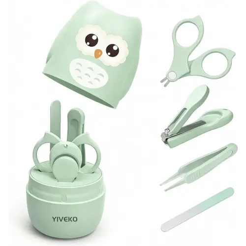 Baby Nail Kit, 4-in-1 Baby Nail Care Set with Cute Case, Baby Nail Clippers, Scissors, Nail File & Tweezers, Baby Manicure Kit and Pedicure kit for Newborn, Infant, Toddler, Kids-Owl Green