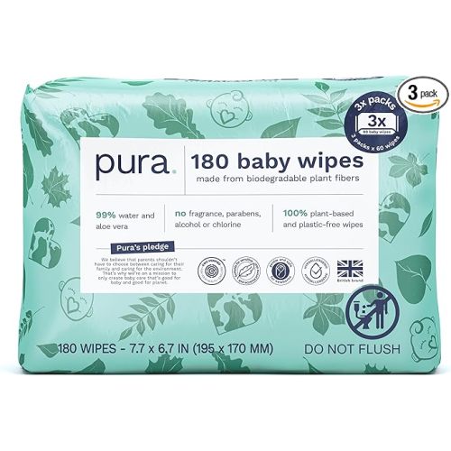 Pura Baby Wipes 3 x 60 per pack (180 Wipes) 100% Plastic-Free & Plant Based Wipes, 99% Water, Suitable for Sensitive & Eczema-prone Skin, Fragrance Free & Hypoallergenic, EWG, Cruelty Free - 60 Count (Pack of 3)