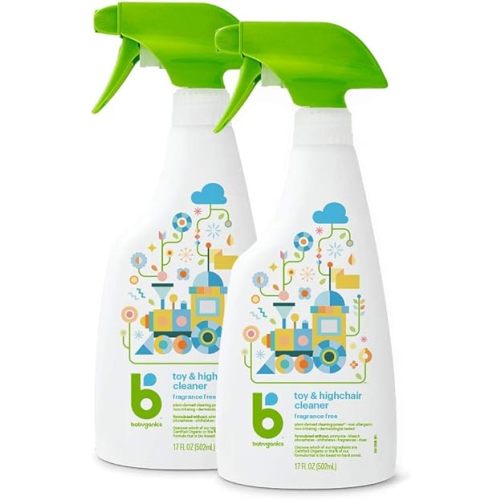 Babyganics Toy & Highchair Cleaner Spray, Fragrance Free, 17oz Spray Bottle, Made without ammonia, bleach, phosphates, phthalates or dyes, Pack of 2.