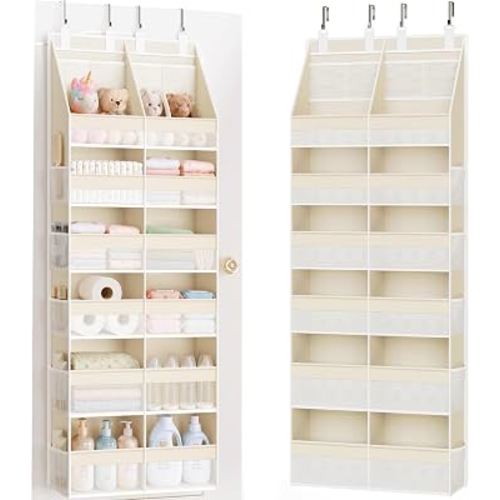 Criusia Over the Door Organizer, Extra Large 12 Compartments Closet Hanging Storage with 14 Mesh Pockets, 85lbs Capacity Behind the Door Storage for Baby Nursery, Bathroom, Bedroom, and Dorm, Beige