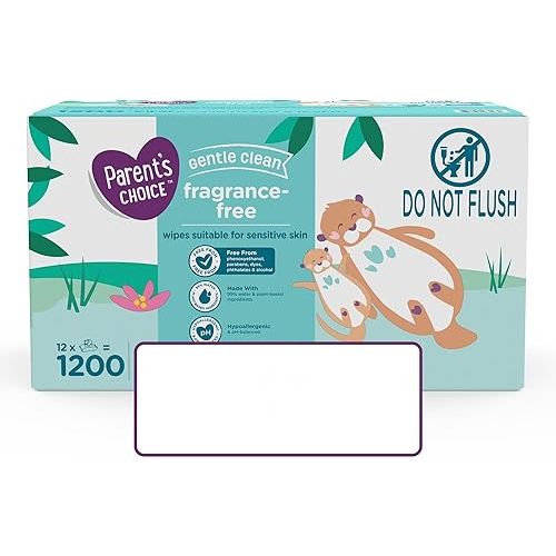 Parents-Choice Fragrance Free Baby Wipes, Hypoallergenic, Alcohol Free, Soft Thick Disposable Wet Cloths, Gentle Cleansing for Sensitive Skin, Moisturizing, Unscented, Flip-Top Packs (1200)