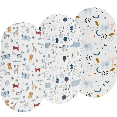 Bassinet Sheets 3 Pack for Baby Boy and Girl, Soft Stretchy Universal Fitted Sheet Set for Oval Rectangle Hourglass Bassinet Mattress, Woodland Animal Elephant Fox Lion Bear Giraffe Zebra Printing