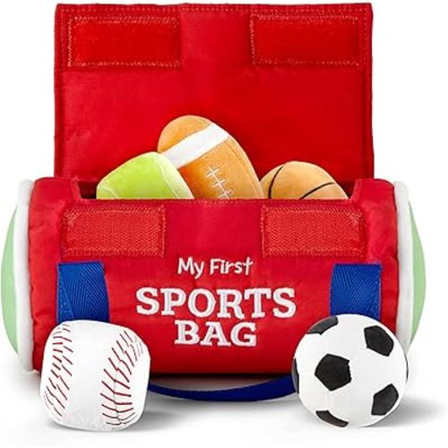 Kidaddle Baby's First Sports Bag: Plush Sensory Balls for Baby, Toddler Sports Bag with Rattling Football, Squeaky Soccer Ball, Crinkle Baseball Toy and More!
