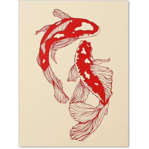 Heltrappe Red Japanese Koi Fish Poster Vintage Animal Aesthetic Wall Art Fashion Painting Canvas Prints for Living Room Bedroom Dorm Wall Decor 12x16 inch Unframed