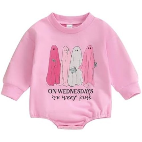 Muasaaluxi Infant Baby Girl Halloween Outfit Long Sleeve Ghost Letter Print Romper Crewneck Sweatshirt Fall Clothes 0-18M