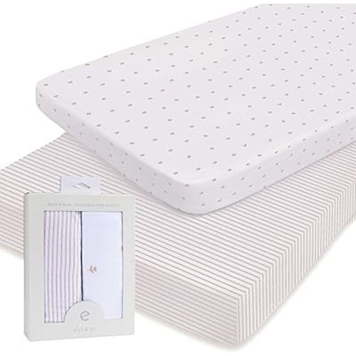 Ely’s & Co. Pack and Play Sheets, for Mini/Portable Crib, 2 Pack Fitted Playpen Play Yard Sheet Set Compatible with Graco Pack n Play, for Baby Girls, 100% Cotton, Pink Tulips and Stripes, 38”x24”x5”