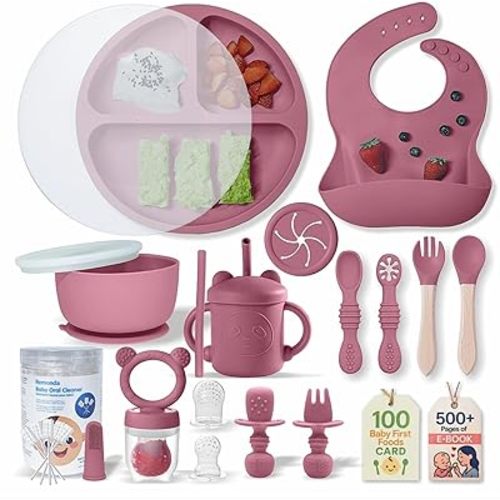 Remonda 23-Piece BPA-Free Silicone Baby Feeding Set | Extra Large Suction Plates, Toddler Bowls, Self Feeding Spoons, and More | Dishwasher Safe| Baby Led Weaning Supplies(Red)