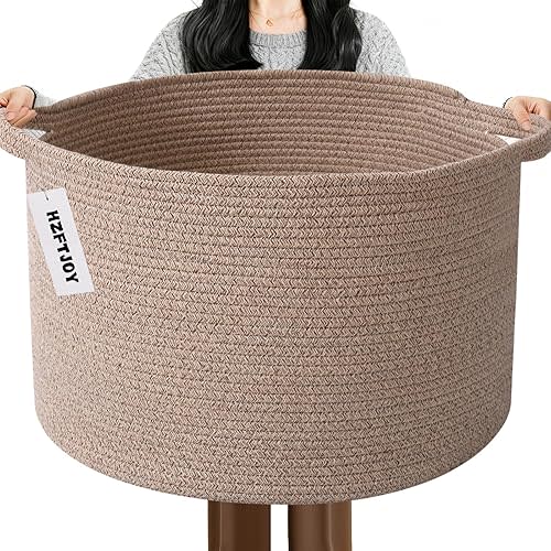 HZFTJOY 65L Large Blanket Basket,Woven Rope Laundry Basket Hamper with Handles,Decorative Nursery Basket Storage Bin for Toys, Pillows , Clothes Organizer, Living Room, Bedroom, Bathroom, Brown