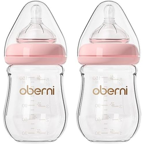 Glass Baby Bottles,Anti Colic Breastfeeding Bottle with Natural Response Nipple Size S,Wide Neck Slow Flow Baby Bottle for Baby,Newborn,Preemie 0-3 0-6 Month,BPA Free (Pink, 2 Pack, 5 Ounce)
