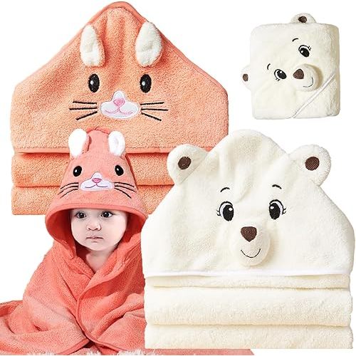 Baby Bath Towels with Hood, 2 Packs Premium Soft Hooded Baby Towels for Babies, Toddler, Infant, 31.5x31.5 in Ultra Absorbent Coral Fleece Baby Stuff Shower as Best Gifts for Boys and Girls (2Pack)
