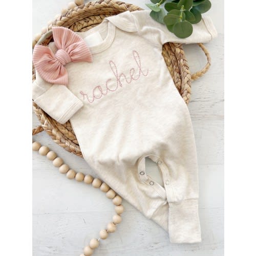 Personalized oatmeal and blush vintage stitch girl romper with bow or turban, custom girl coming home outfit, baby shower gift