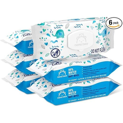 Amazon Brand - Mama Bear 99% Water Baby Wipes, Hypoallergenic, Fragrance Free, 432 Count (6 Packs of 72) - 72 Count (Pack of 6)