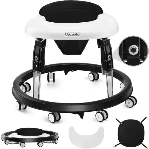 Baby Walker with Wheels, One-Touch Folding Anti-Roll 8-Wheel Baby Walkers, 7-Speed Height Adjustment with Large Dinner Plate and Brake 6-18 Months Baby Walker, Black
