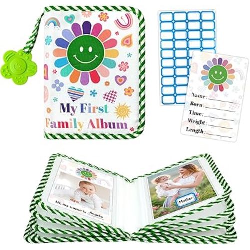 My First Family Photo Album for Baby, 4x6" Baby Photo Albums, Soft Toddler Photo Album with Milestone & Large Safety Mirror, Personalized Photo Album Kids Baby Shower Gifts(Smiley Face)